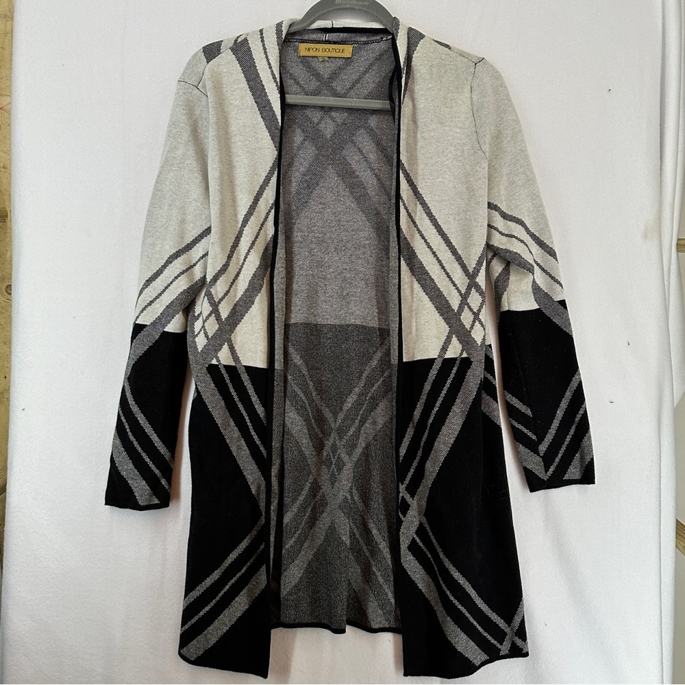 Nipon Boutique Women's Geo Stripe Open Cardigan‎ (S, Black/Ivory)